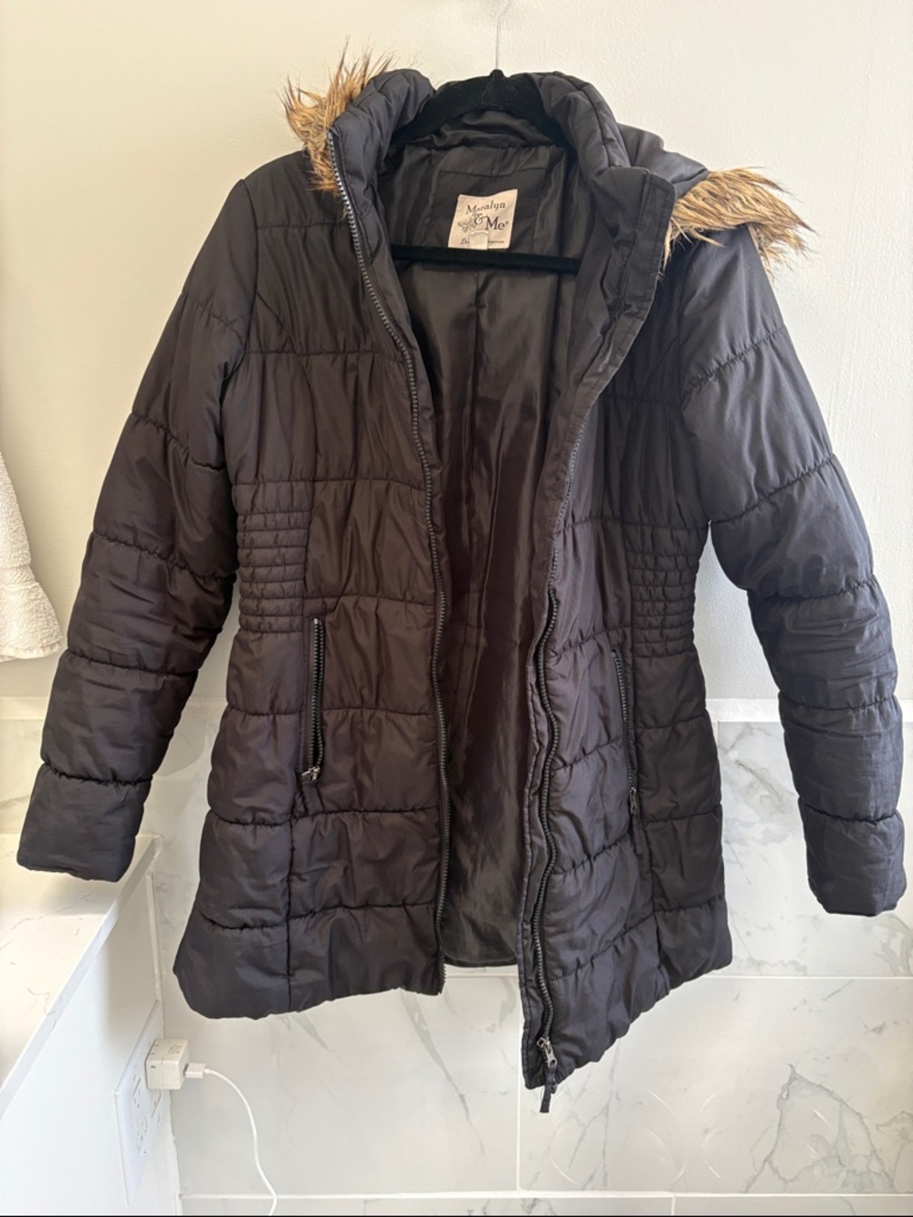Mudd Black Quilted Puffer Jacket with Faux-Fur Trim Hood